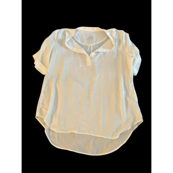 Chico's 1 Blouse Beige Cream Button Front Short Sleeve Blouse Mandarin Collar - Picture 6 of 13
